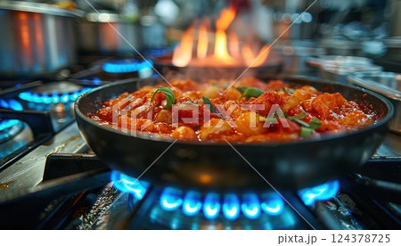 Food cooking on gas stove in cookware, part of recipe preparation 124378725