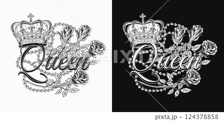Black and white label with imperial crown, roses, pearl necklace, text Queen. Detailed composition in vintage style. Black and white label with imperial crown, roses, pearl necklace, text Queen. Detailed composition in vintage style. 124378858