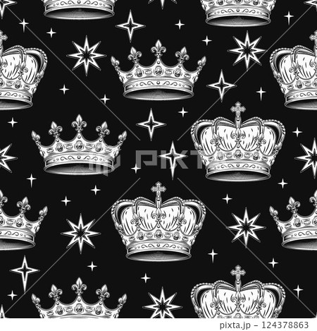 Vintage seamless pattern with medieval crowns, stars. Zigzag arranged objects on black background. Vintage seamless pattern with medieval crowns, stars. Zigzag arranged objects on black background. 124378863