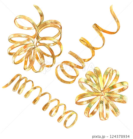 Gold vibrant collection of curls, bows, ribbons, hand-painted in watercolor with gold paint accents. Isolate elements are presented for decorating and designing textiles, interior, wallpaper, prints 124378934