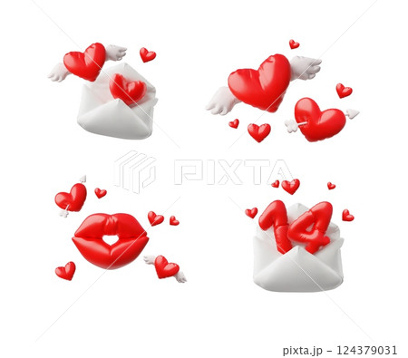 3D balloons icons in the shape of hearts with wings, arrows, lips, envelopes, number 14 3D balloons icons in the shape of hearts with wings, arrows, lips, envelopes, number 14 124379031