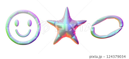 Realistic holographic smiley emoticon, star and ring from inflated balloon 3D cartoon plastic style vector icon volume Realistic holographic smiley emoticon, star and ring from inflated balloon 3D cartoon plastic style vector icon volume 124379034