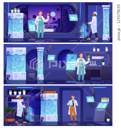 Vector set of scenes with secret laboratory and researchers in outer space in cartoon style 124379039