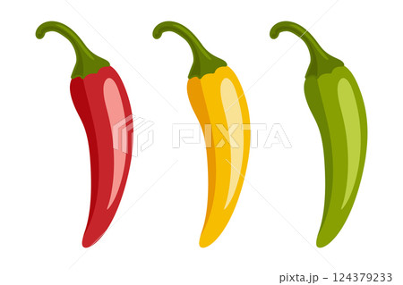 Chili Peppers Vector Set, Isolated. Red, Yellow, Green Hot Peppers, Spicy Food Ingredients, Mexican Cuisine, Fresh Organic Vegetables. Vector Illustration for Food Design 124379233