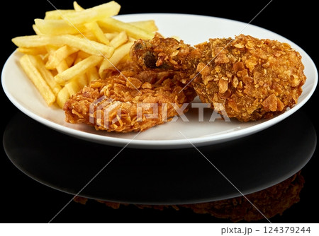 Crispy Fried Chicken and Golden French Fries 124379244