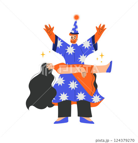 Circus Man Magician Artist and Actor Character with Levitating Woman Performing on Stage Vector Illustration Circus Man Magician Artist and Actor Character with Levitating Woman Performing on Stage Vector Illustration 124379270
