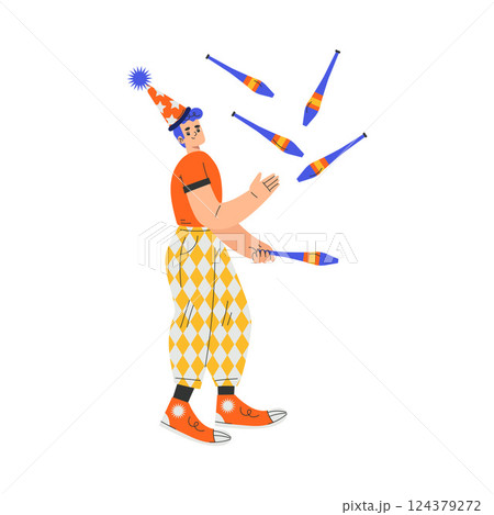 Circus Man Artist and Actor Character Juggling with Pins Performing on Stage Vector Illustration Circus Man Artist and Actor Character Juggling with Pins Performing on Stage Vector Illustration 124379272