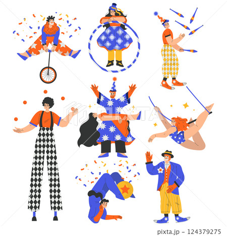Circus Artist and Actor Man and Woman Character Performing on Stage Vector Set 124379275