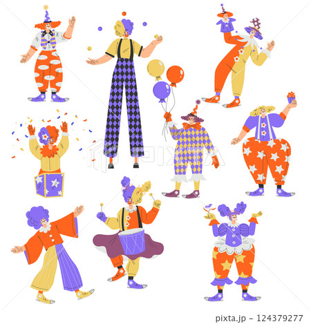 Colorful Clown Character with Bright Makeup and Nose Amusing Vector Set 124379277