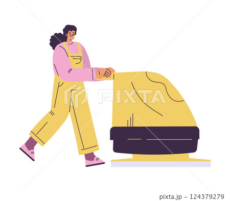 Cleaning with Woman Character Vacuum Floor Do Cleanup Vector Illustration 124379279