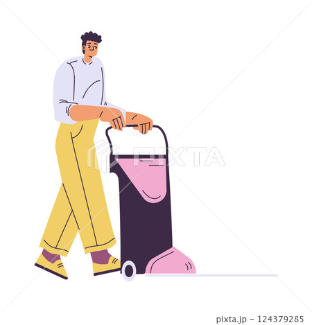 Cleaning with Man Character Vacuum Floor Do Cleanup Vector Illustration 124379285