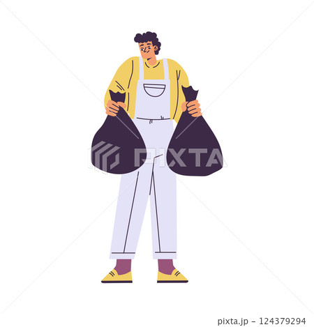 Cleaning with Man Character Holding Bag with Garbage Do Cleanup Vector Illustration 124379294