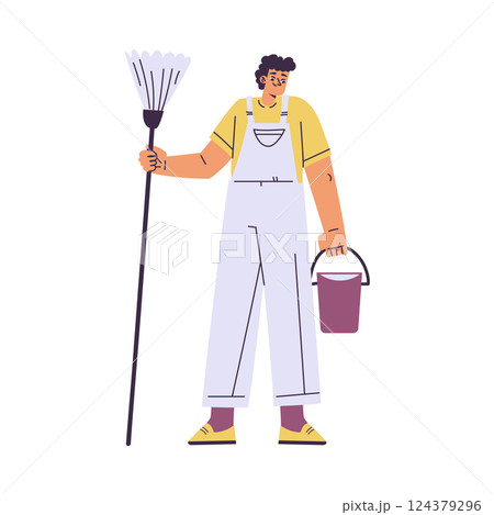 Cleaning with Man Character Standing with Bucket and Broom Do Cleanup Vector Illustration 124379296