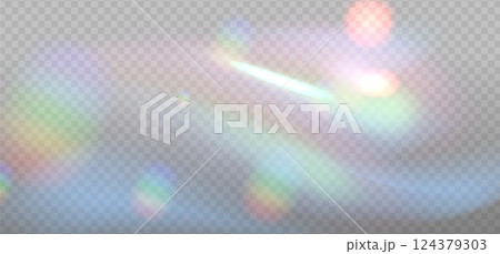 Iridescent crystal leak glare reflection effect. Optical wavy rainbow ray lights, glare, leak, streak overlay. Vector colorful lenses and light flares with transparent effects on light background. Iridescent crystal leak glare reflection effect. Optical wavy rainbow ray lights, glare, leak, streak overlay. Vector colorful lenses and light flares with transparent effects on light background. 124379303