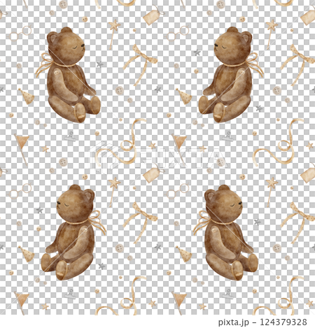 Seamless pattern teddy bear, ribbon, bow, buttons. Watercolor print in vintage style. Hand drawn illustrations isolated on background for textile, fabric, clothes, hobby, crafts, handmade, dolls, toys 124379328