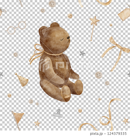 Watercolor pattern vintage toy bear, sewing and craft items. Illustrations buttons, ribbon, bow. Seamless print in retro style isolated on background for textile, fabric, clothes, hobby, dolls, toys 124379335
