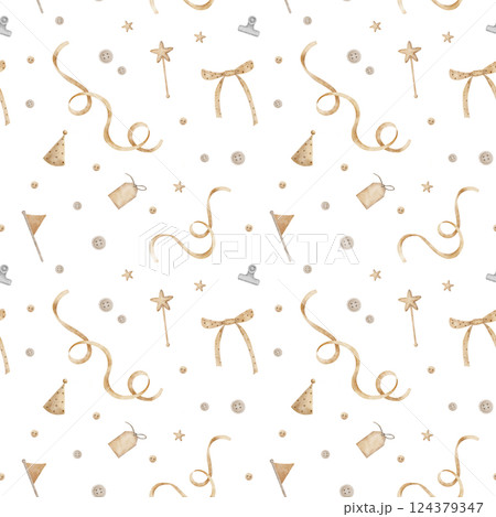 Seamless pattern ribbon, bow, buttons, sewing and craft items. Watercolor print in vintage style. Illustration isolated on background for textile design, fabric, clothes, hobby, handmade, dolls, toys 124379347