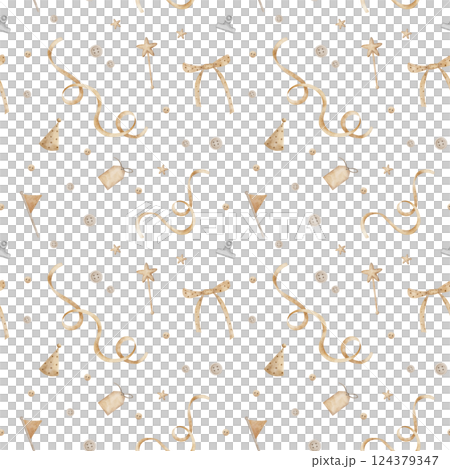 Seamless pattern ribbon, bow, buttons, sewing and craft items. Watercolor print in vintage style. Illustration isolated on background for textile design, fabric, clothes, hobby, handmade, dolls, toys 124379347