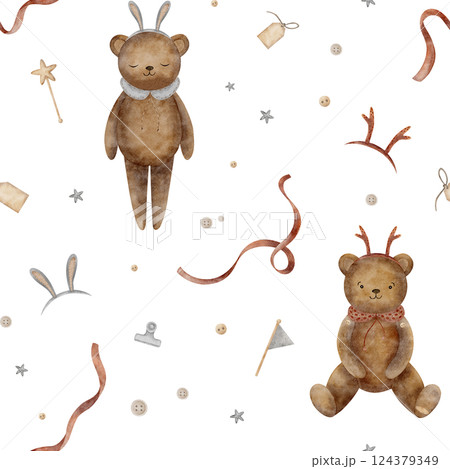Watercolor pattern teddy bear, rabbit ears, deer horns, ribbon, buttons. Seamless print vintage toys, illustration isolated on background for textile design, fabric, clothes, hobby, crafts, handmade 124379349