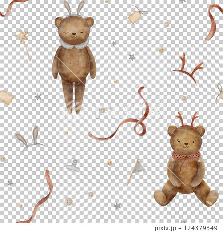 Watercolor pattern teddy bear, rabbit ears, deer horns, ribbon, buttons. Seamless print vintage toys, illustration isolated on background for textile design, fabric, clothes, hobby, crafts, handmade 124379349