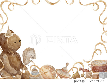 Watercolor ribbon frame, teddy bear with vintage toys, horse, drum, spinning top cubes. Rectangle template with copy space. Hand-drawn illustration children's on white background for cards invitations 124379353