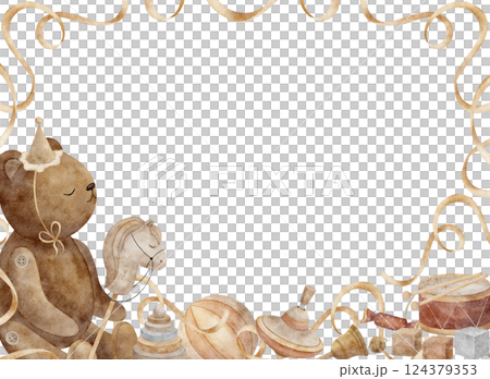 Watercolor ribbon frame, teddy bear with vintage toys, horse, drum, spinning top cubes. Rectangle template with copy space. Hand-drawn illustration children's on white background for cards invitations 124379353