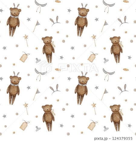 Seamless pattern teddy bear toys, bunny ears, buttons. Watercolor print in doll retro style. Hand drawn illustrations on white background for design of children's textiles, fabrics, packaging, clothes 124379355