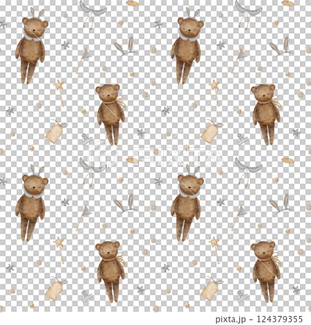 Seamless pattern teddy bear toys, bunny ears, buttons. Watercolor print in doll retro style. Hand drawn illustrations on white background for design of children's textiles, fabrics, packaging, clothes 124379355