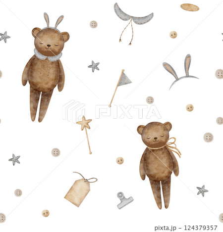 Watercolor pattern teddy bear in bunny ears around hobby items. Seamless print vintage toys, cartoon style illustrations on background for textile design, fabric, clothes, packaging, paper wallpaper Watercolor pattern teddy bear in bunny ears around hobby items. Seamless print vintage toys, cartoon style illustrations on background for textile design, fabric, clothes, packaging, paper wallpaper 124379357