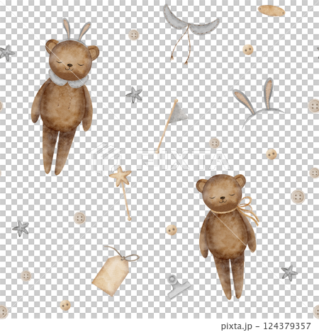 Watercolor pattern teddy bear in bunny ears around hobby items. Seamless print vintage toys, cartoon style illustrations on background for textile design, fabric, clothes, packaging, paper wallpaper Watercolor pattern teddy bear in bunny ears around hobby items. Seamless print vintage toys, cartoon style illustrations on background for textile design, fabric, clothes, packaging, paper wallpaper 124379357