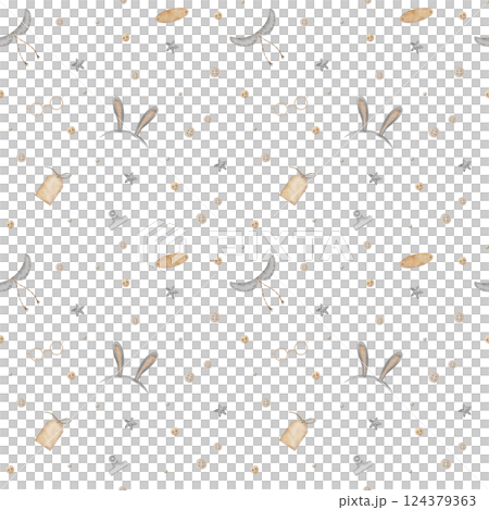 Seamless pattern bunny ears, buttons, tag, stars. Watercolor print in doll retro style. Hand drawn illustration isolated on background for design of children's textiles, fabrics, packaging, clothes 124379363