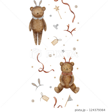Seamless vertical border toys vintage teddy bears in rabbit, deer costume. Watercolor illustration ears, horns sewing items, handicrafts, ribbon for design postcards, decoration, posters, invitations 124379364