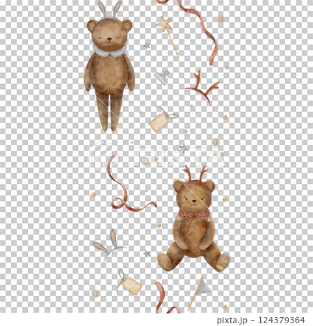 Seamless vertical border toys vintage teddy bears in rabbit, deer costume. Watercolor illustration ears, horns sewing items, handicrafts, ribbon for design postcards, decoration, posters, invitations 124379364