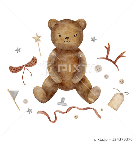 Watercolor objects teddy bear, horns, deer, buttons, tag. Illustration vintage toy hand drawn in beige, red, color on isolated background for design cards, invitations, sew, needlework, hobby handmade 124379376