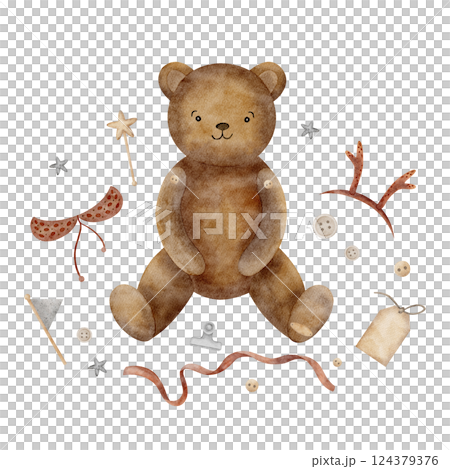Watercolor objects teddy bear, horns, deer, buttons, tag. Illustration vintage toy hand drawn in beige, red, color on isolated background for design cards, invitations, sew, needlework, hobby handmade 124379376