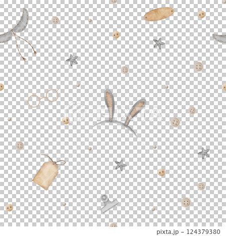 Watercolor pattern sewing items, rabbit ears, buttons, tag, stars. Seamless print vintage clothes illustrations in retro style isolated on background for textile design, fabric, clothing, hobby crafts 124379380