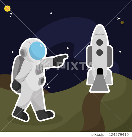 Cute astronaut character next to a rocket spaceship Cute astronaut character next to a rocket spaceship 124379419