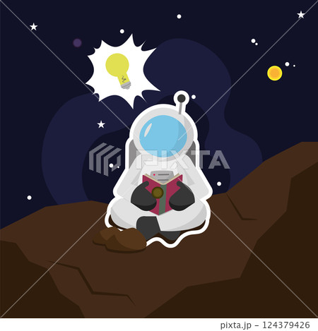 Cute astronaut character reading a book 124379426