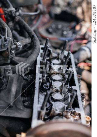 Cylinder head of an auto engine. Oil removal valve. Car repair. Car service 124379507