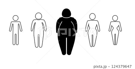 A man or woman diets and exercises from fat to fitness series frontal view. Figure and size person, body index mass. Vector 124379647
