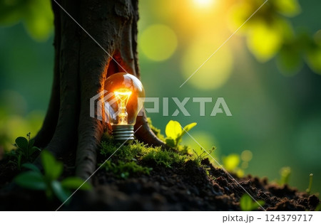 Illuminated lightbulb nestled by tree roots symbolizes a bright idea for environmental sustainability. 124379717