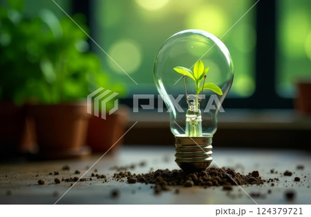 Lightbulb with a growing plant inside symbolizing eco-friendly energy, sustainability, and environmental awareness, set against a bright, green background. 124379721