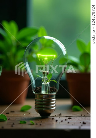 Lightbulb containing a small plant growing inside and surrounded by green plants suggests sustainable energy solutions. Lightbulb containing a small plant growing inside and surrounded by green plants suggests sustainable energy solutions. 124379724