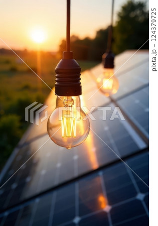 Two lightbulbs hang over solar panels as the sun sets, casting a warm glow over a field of green in the background. Two lightbulbs hang over solar panels as the sun sets, casting a warm glow over a field of green in the background. 124379725