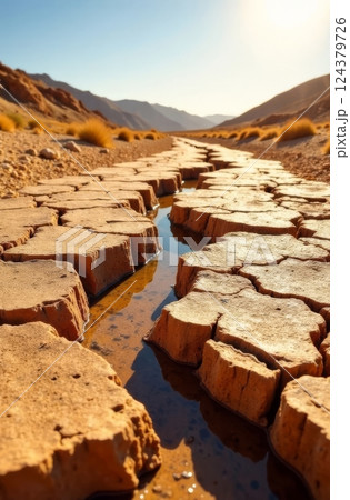 Path of cracked earth leads toward distant mountains under a clear sky, with water filling the divides in the arid landscape. Concept of drought Path of cracked earth leads toward distant mountains under a clear sky, with water filling the divides in the arid landscape. Concept of drought 124379726