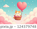 Adorable cartoon kitten soaring in a basket suspended by a heart-shaped balloon in a whimsical sky with fluffy clouds and twinkling stars 124379748