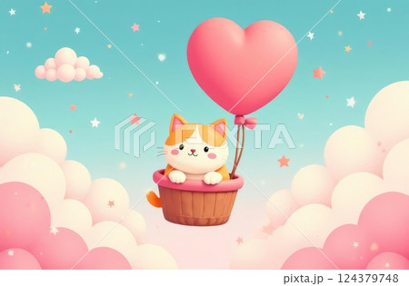 Adorable cartoon kitten soaring in a basket suspended by a heart-shaped balloon in a whimsical sky with fluffy clouds and twinkling stars 124379748