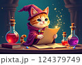 Cute, ginger tabby kitten dressed as a wizard, is studying an open book with potions at its side, creating a magical atmosphere 124379749