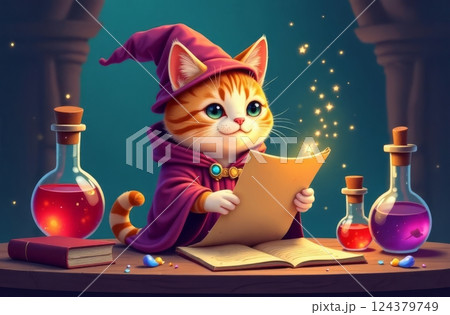 Cute, ginger tabby kitten dressed as a wizard, is studying an open book with potions at its side, creating a magical atmosphere 124379749