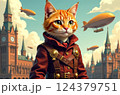 Dapper steampunk ginger cat strikes a regal pose against a background of airships. 124379751